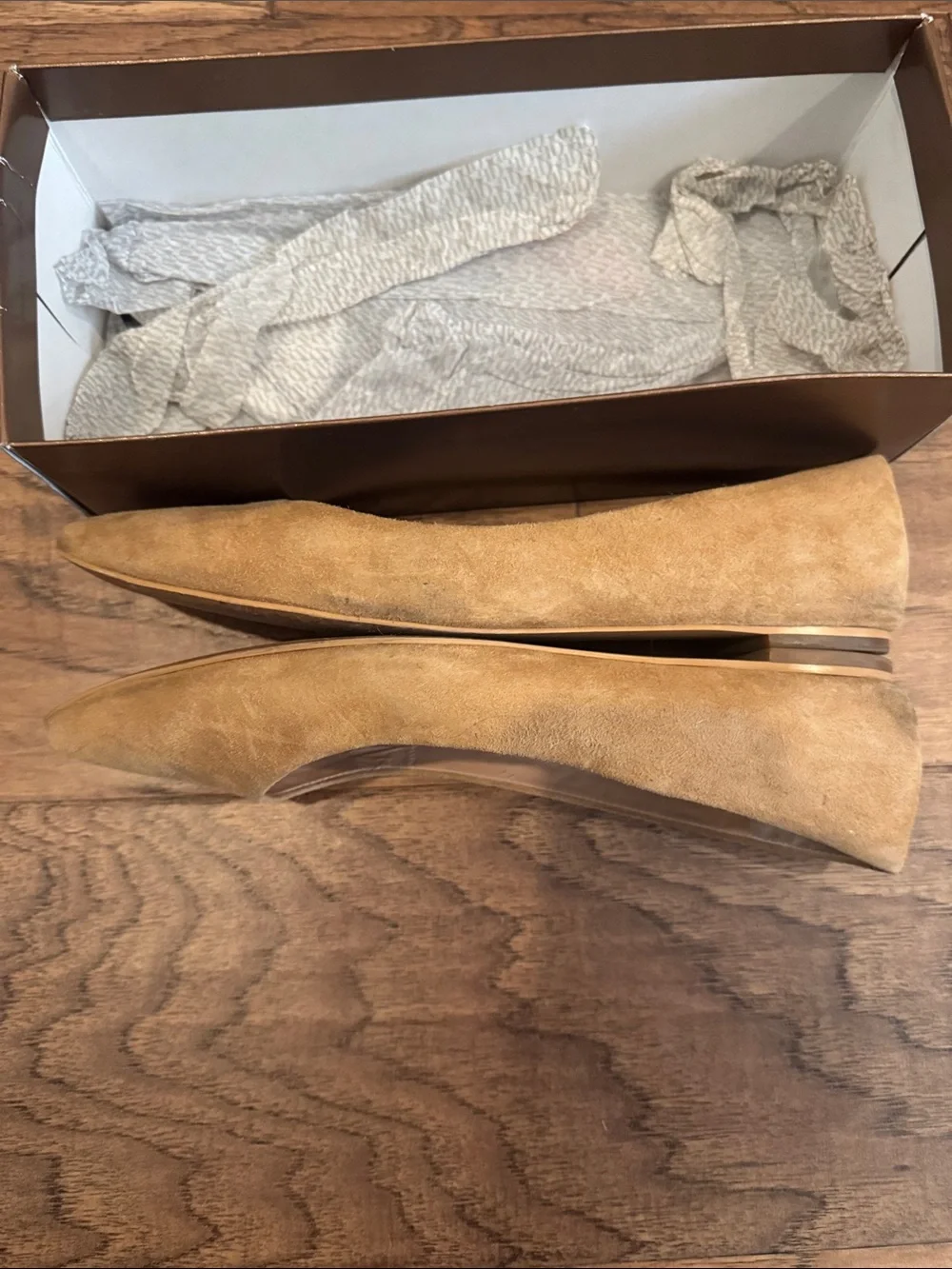 Audrey Brooke Pointed Suede Flats in Light Tan